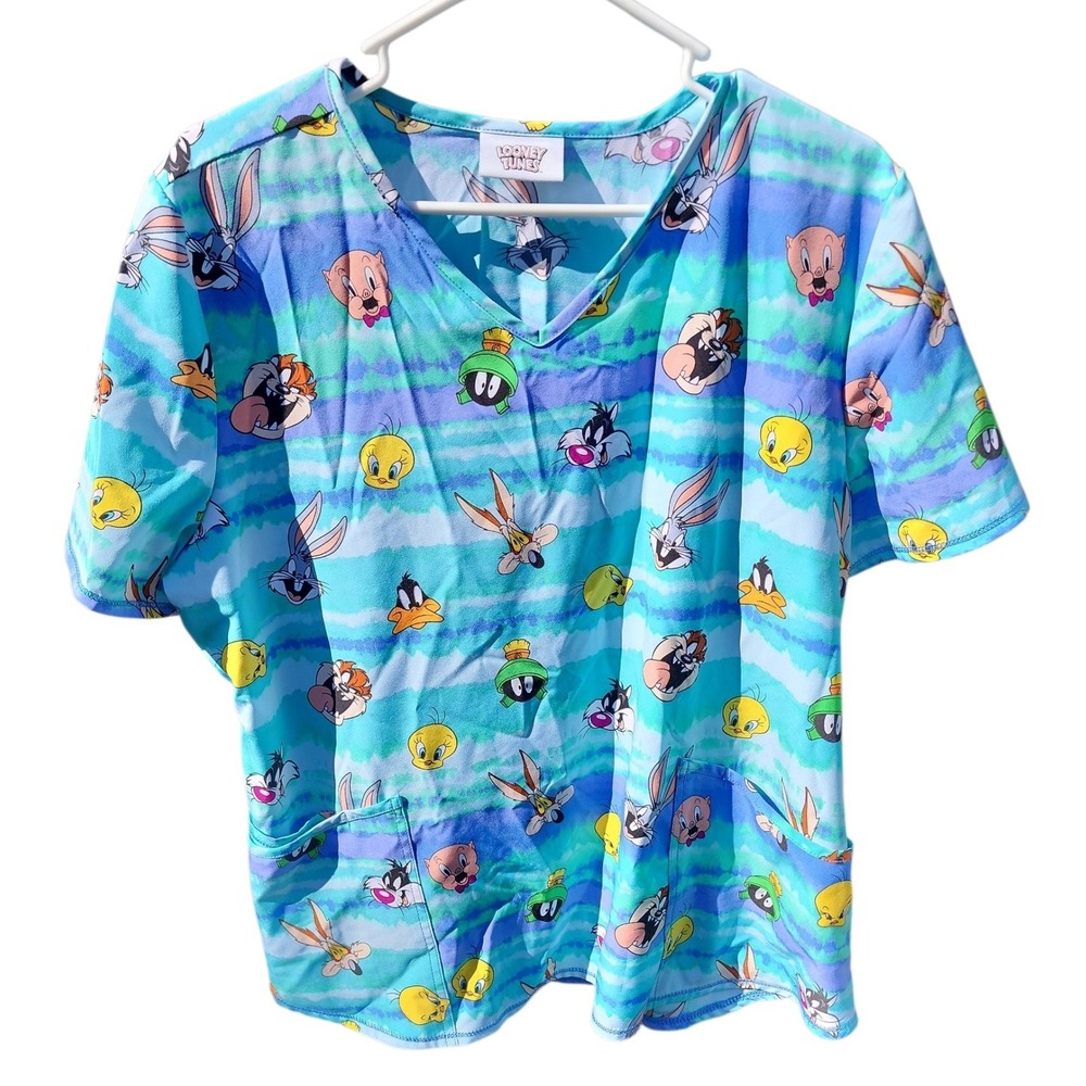 Looney Tunes Scrub Top Blue Striped Character Print Medical Uniform Pockets